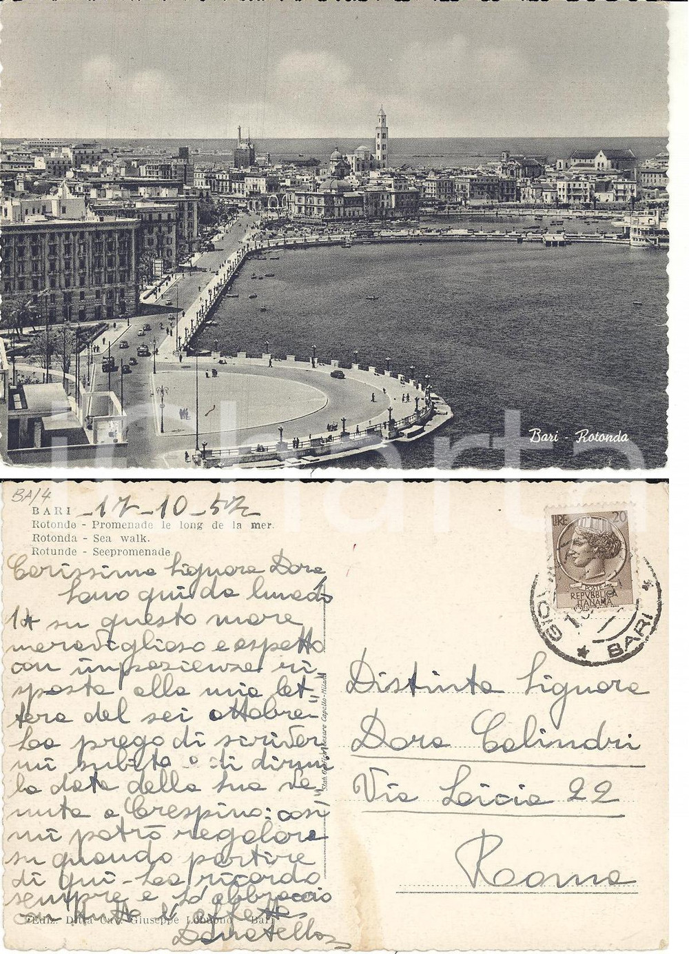 Cartolina originale da collezione 1957 BARI Veduta della Rotonda Cartolina all attrice Dora CALINDRI FG VG 1