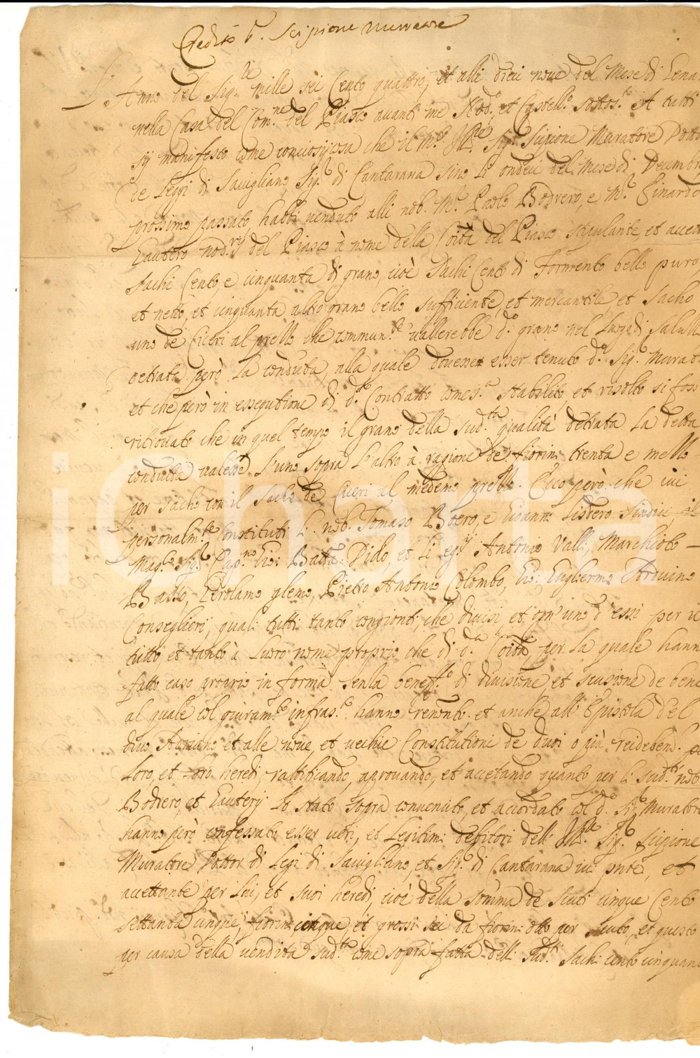Documento originale, autentico 1604 PIASCO CN Crediti di Scipione MURATORE per vendita di grano e ceci 1