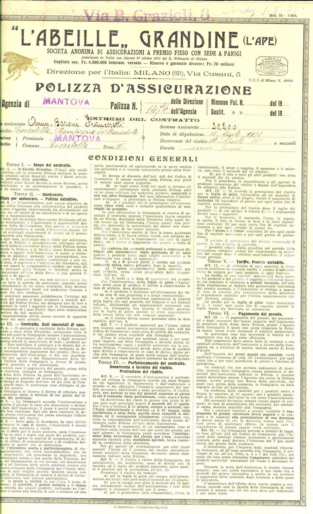 Documento originale, autentico 1928 CANEDOLE MN L ABEILLE GRANDINE Polizza assicurazione baroni FRANCHETTI 1