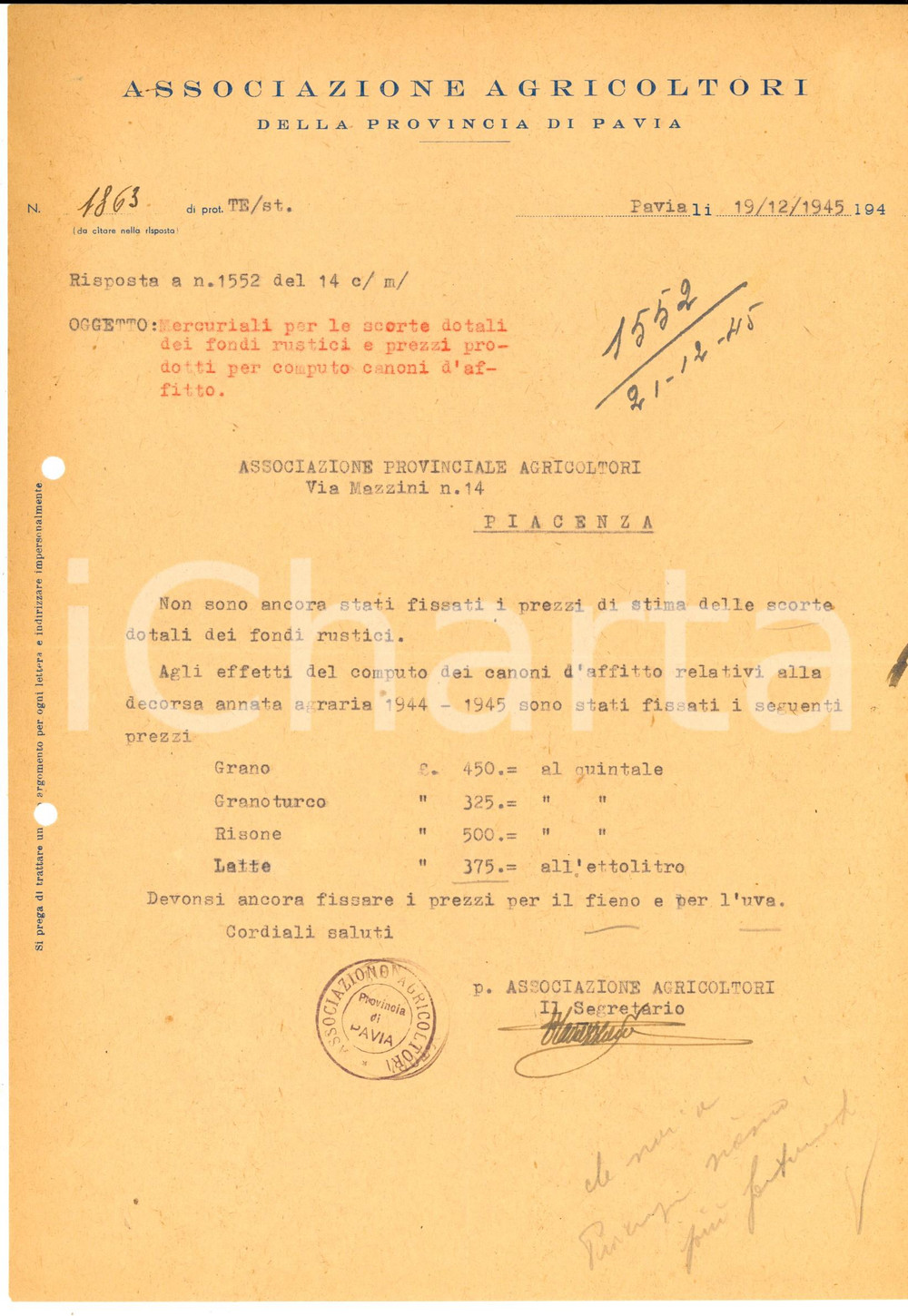 Documento originale, autentico 1945 PAVIA Associazione Agricoltori su stima scorte dotali dei fondi rustici 1