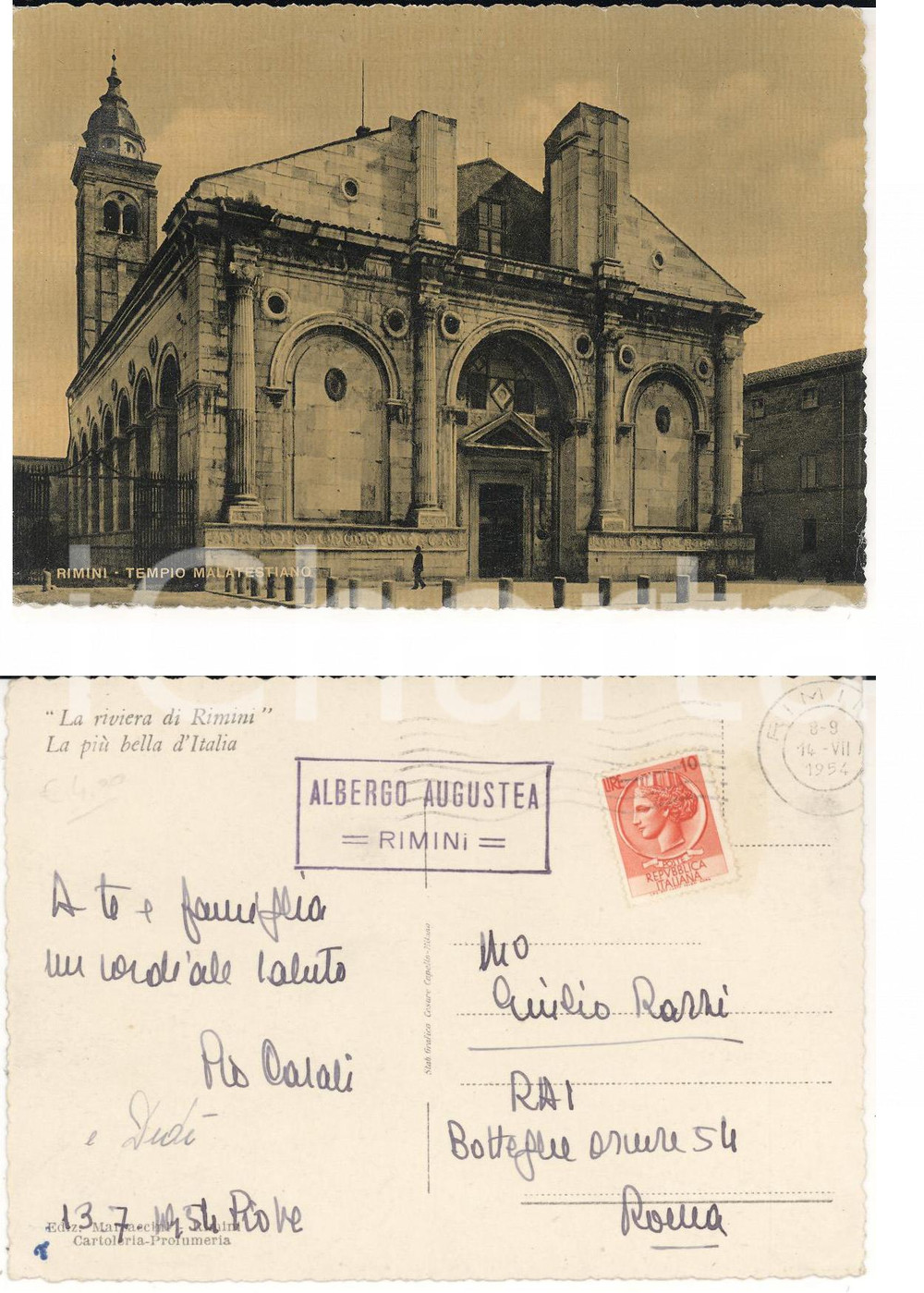 Autografo originale 1954 RIMINI Tempio Malatestiano Cartolina giornalista Pio CASALI Autografo 1