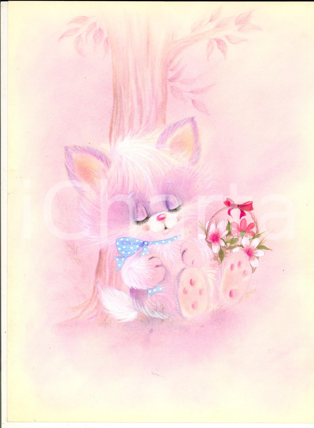 Stampa, bozzetto originale 1970 ca Gattino con cesta di fiori Bozzetto per cartolina DIPINTO A MANO 1