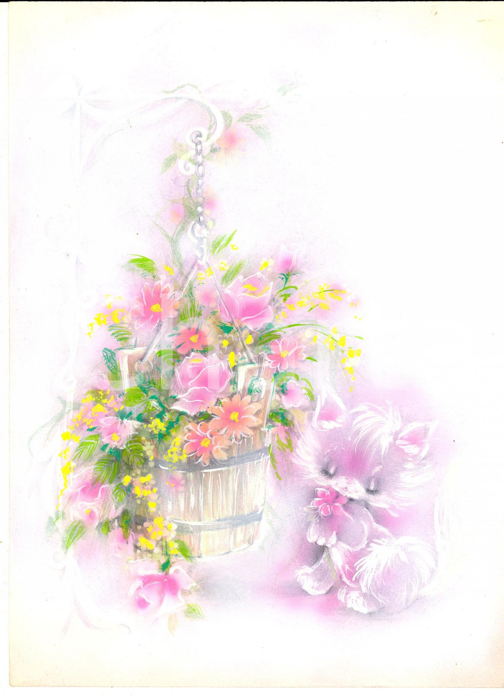 Stampa, bozzetto originale 1970 ca Gattino con una cesta di fiori Bozzetto per cartolina DIPINTO A MANO 1