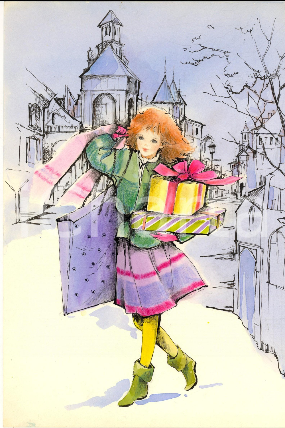 Stampa, bozzetto originale 1970 ca Donne e shopping di Natale Bozzetto per cartolina DIPINTO A MANO 1