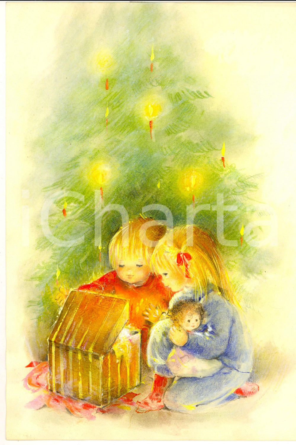 Stampa, bozzetto originale 1970 ca NATALE Un dono luminoso Bozzetto per cartolina DIPINTO A MANO 1