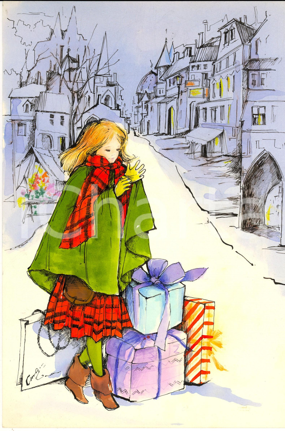 Stampa, bozzetto originale 1970 ca NATALE Shopping al freddo Bozzetto per cartolina DIPINTO A MANO 1