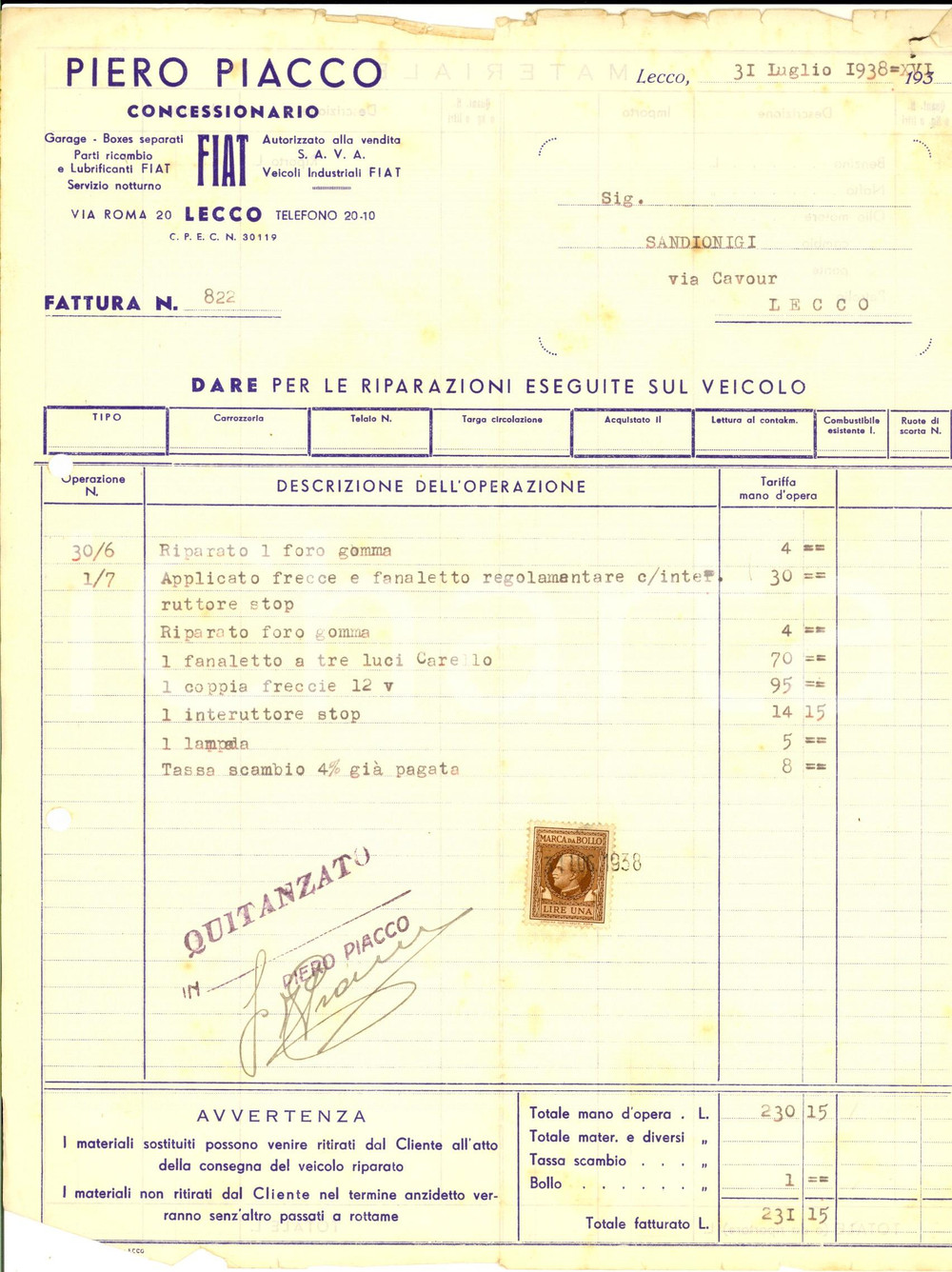 Documento originale, autentico 1938 LECCO Concessionario FIAT Piero PIACCO Fattura per gomma forata 1