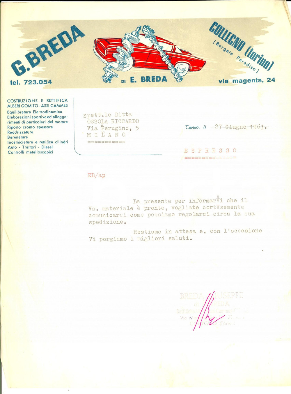 Documento originale, autentico 1963 TORINO Officina BREDA Costruzione alberi Fattura intestata 1