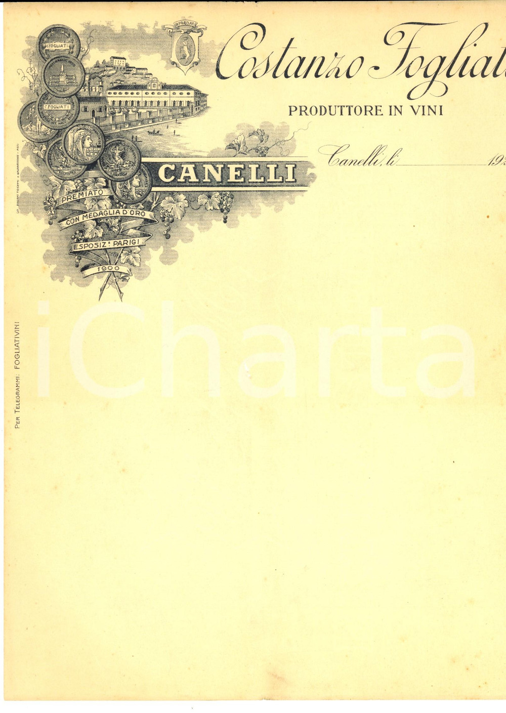 Materiale pubblicitario d’epoca 1920 CANELLI AT Costanzo Fogliati produttore di vini Carta intestata 1