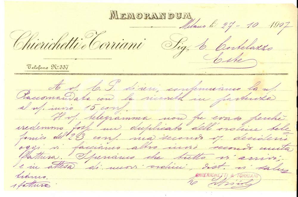 Manoscritto, lettera originale 1907 MILANO Ditta CHIERICHETTI E TORRIANI Grassi alimentari Memorandum 1