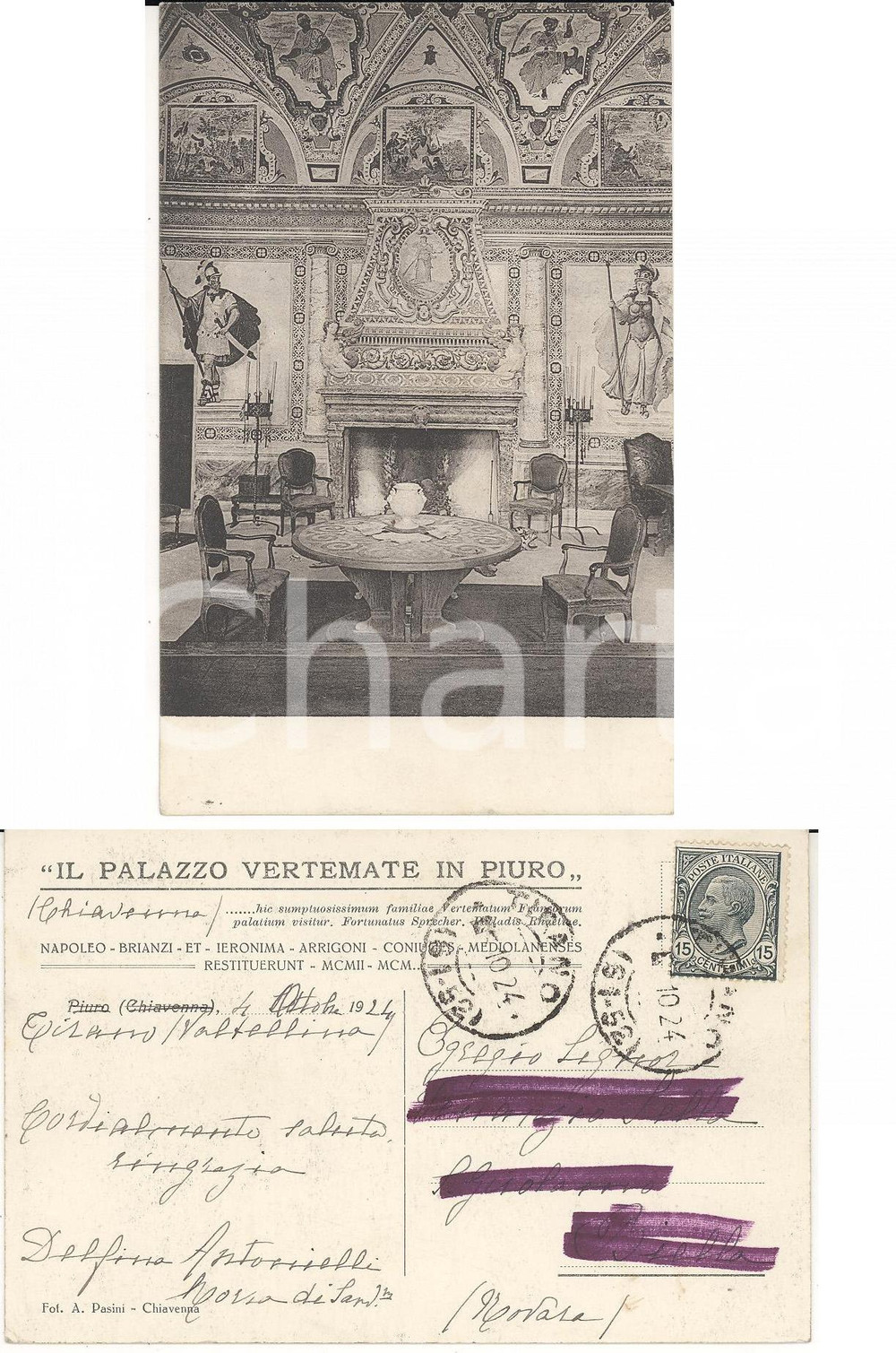 Cartolina originale da collezione 1924 PIURO SO Palazzo VERTEMATE Cartolina Delfina ANTONIELLI MORRA  FP VG 1