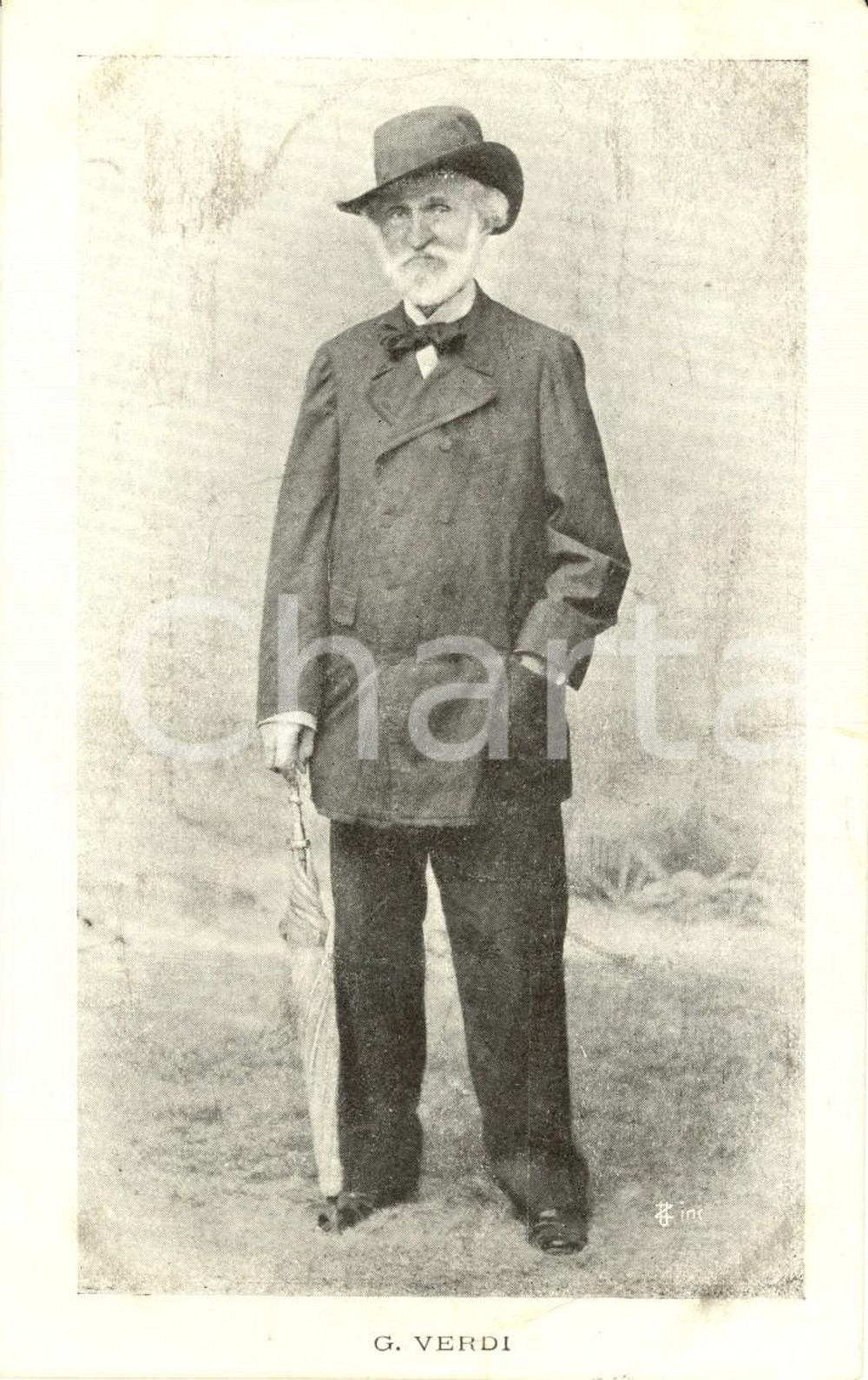 Cartolina originale da collezione 1900 ca Ritratto di Giuseppe VERDI in posa con ombrello Cartolina FP NV 1