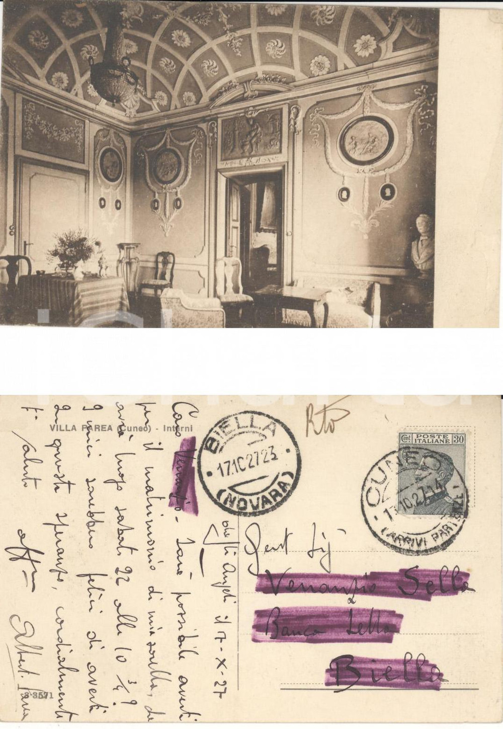 Autografo originale 1927 VILLA PAREA CN Interni Cartolina Alberto PAREA a Venanzio SELLA FP VG 1