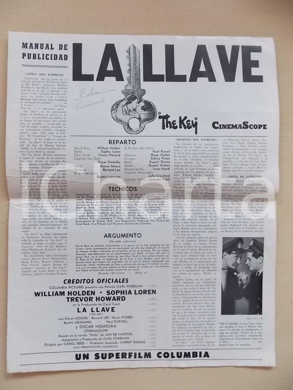 Materiale pubblicitario d’epoca 1958 LA LLAVE Film Sophia LOREN  William HOLDEN Periodico CINE PUBLICIDAD 1