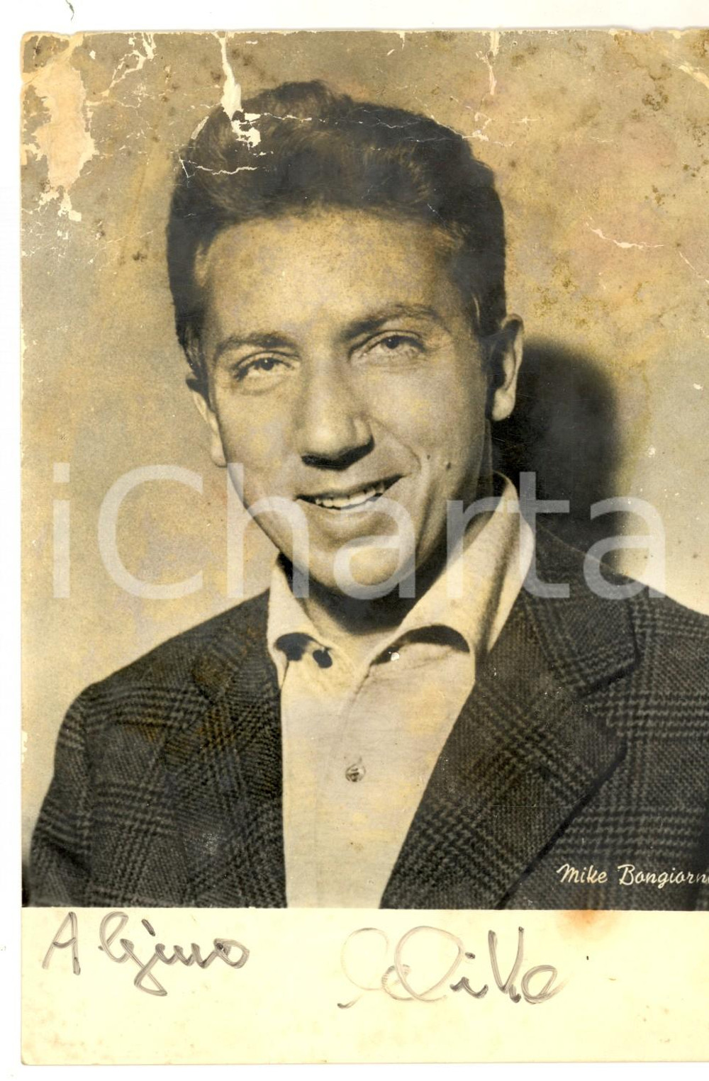 Autografo originale 1960 ca Mike BONGIORNO Fotografia con dedica autografa a Gino CAVAGNINI 12x18 cm 1