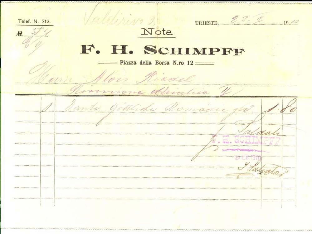 Manoscritto, lettera originale 1910 TRIESTE Piazza della Borsa  Nota F. H. SCHIMPFF 1