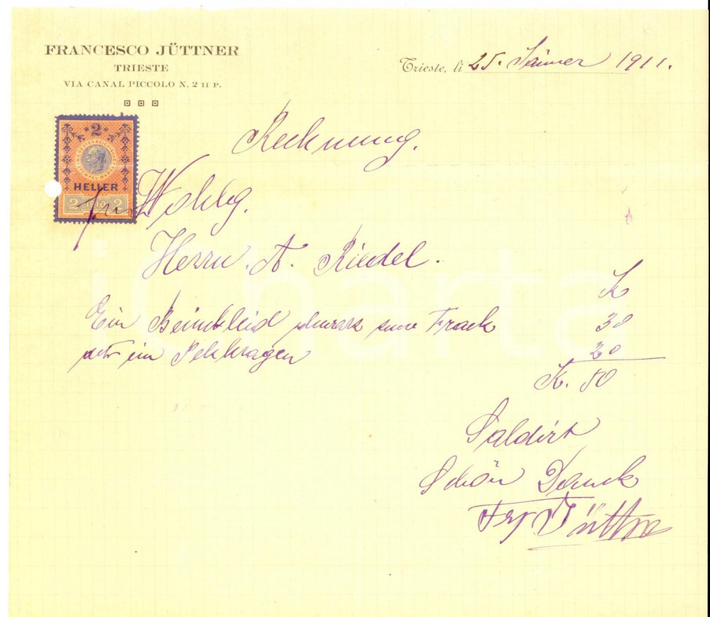 Documento originale, autentico 1911 TRIESTE Francesco JUTTNER Sartoria Conto manoscritto su carta intestata 1