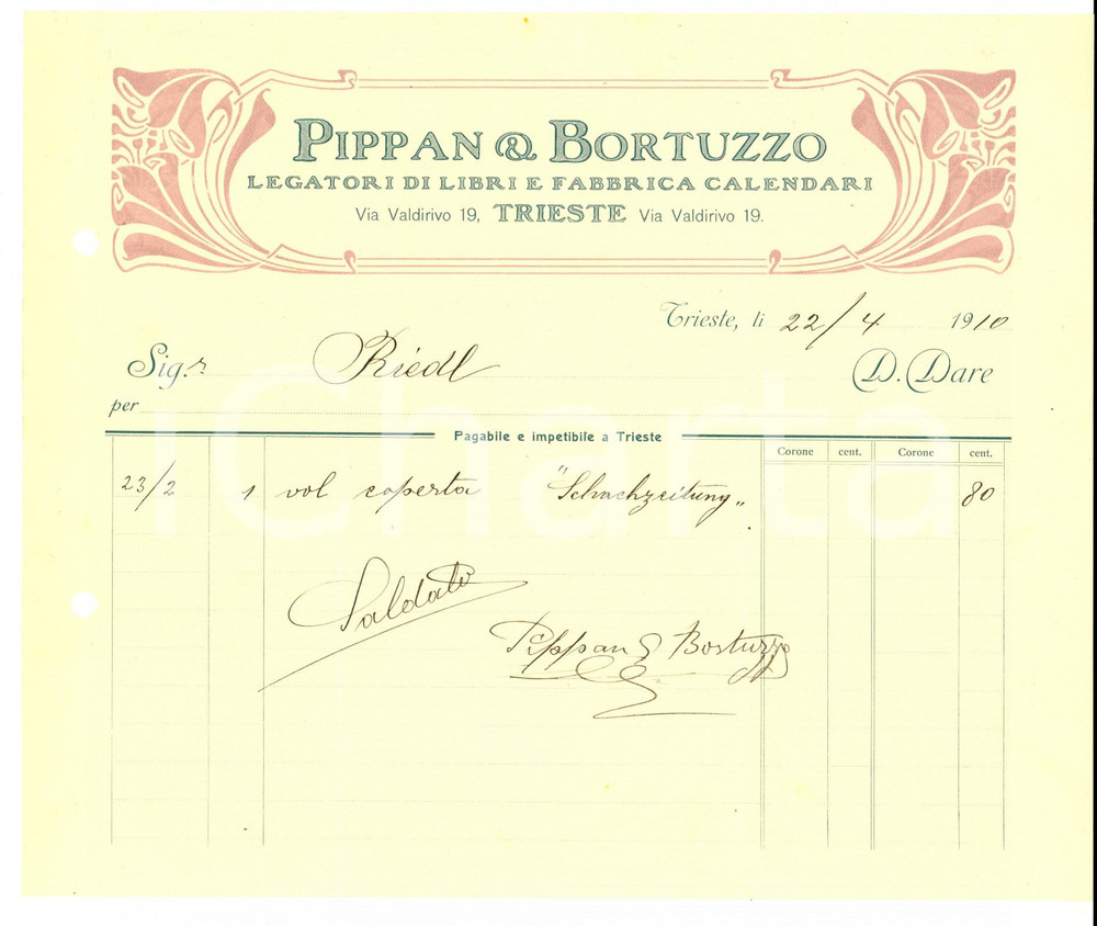 Documento originale, autentico 1910 TRIESTE PIPPAN & BORTUZZO Legatoria libri e fabbrica calendari Conto 1