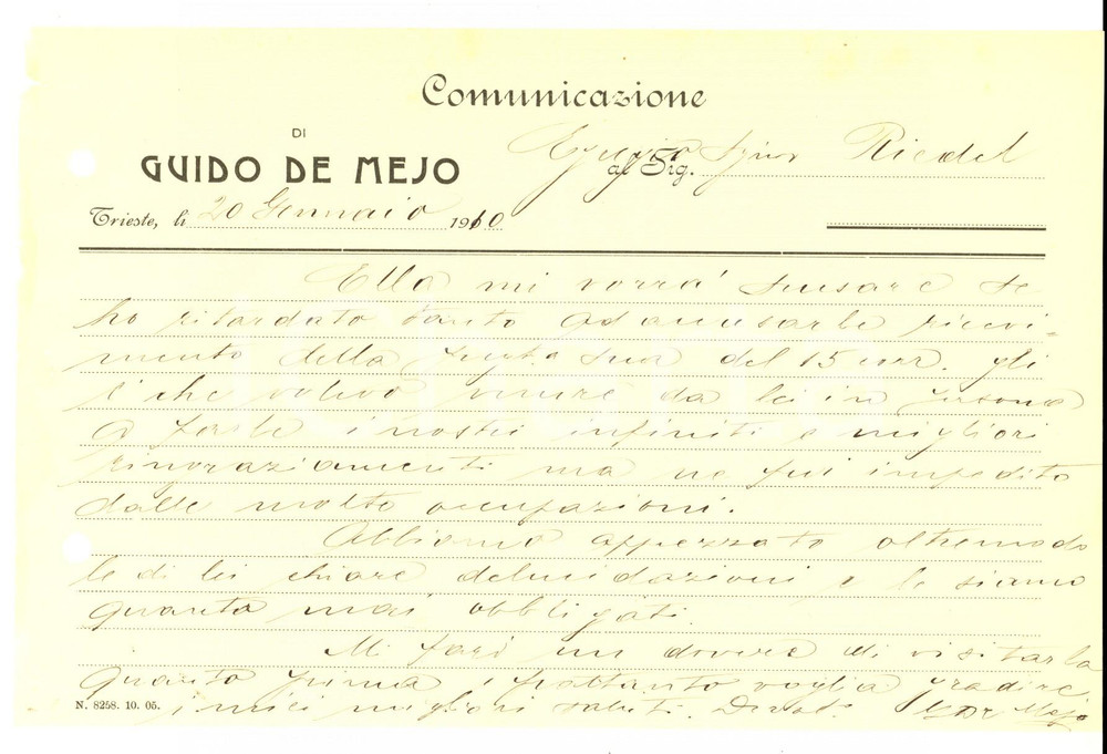 Documento originale, autentico 1910 TRIESTE Ringraziamenti di Guido DE MEJO Carta intestata 1
