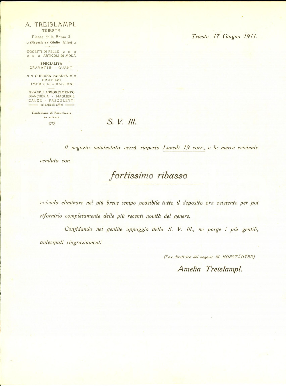 Documento originale, autentico 1911 TRIESTE Svendita Amelia TREISLAMP Oggetti di pelle Pubblicitario 1