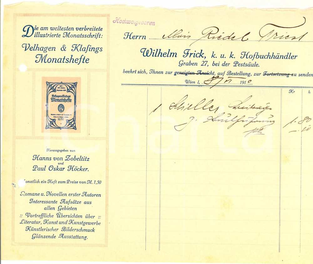 Documento originale, autentico 1910 WIEN Wilhelm FRICK Hofbuchhandler Conto su carta intestata 1
