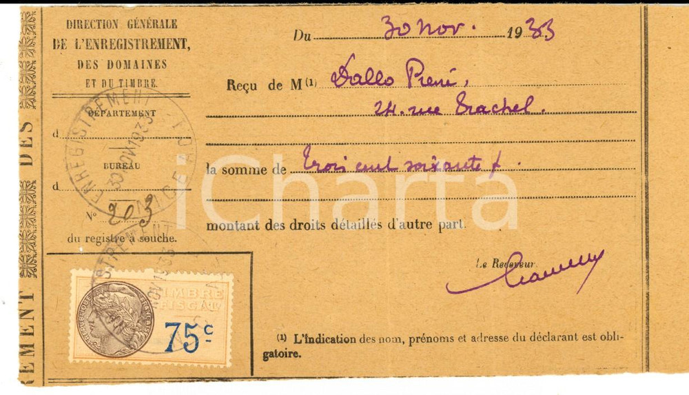Documento originale, autentico 1933 NICE FRANCE Direction Enregistrement des Domains  ReÃ§u de RenÃ© DALLO 1