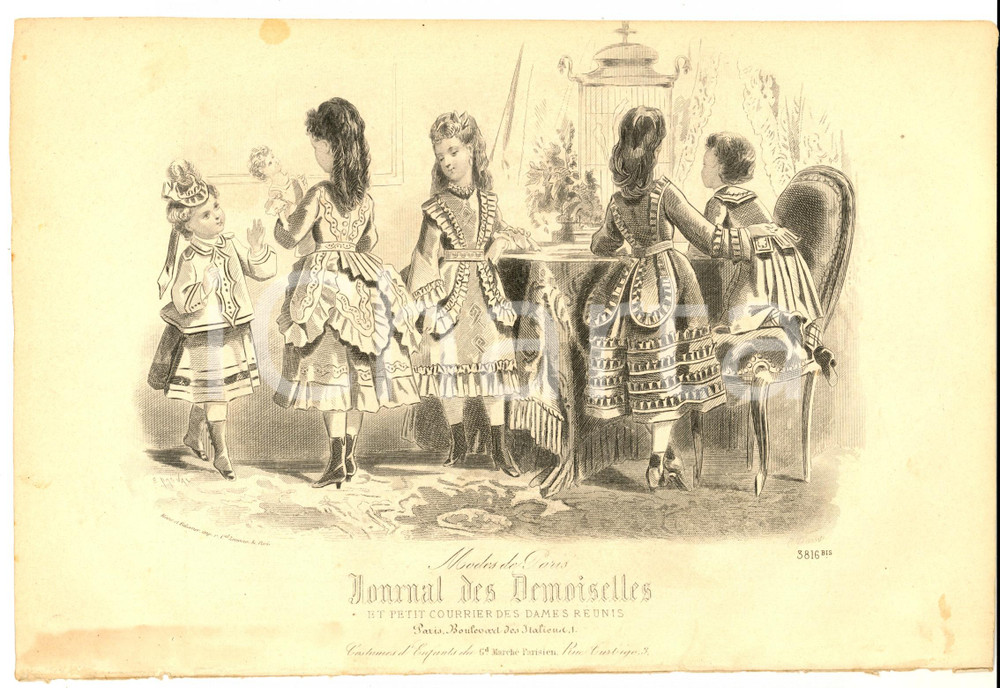 Stampa, bozzetto originale 1850 ca PARIS Journal des Demoiselles  Costumes d enfants GRAND MARCHÃ‰ PARISIEN 1
