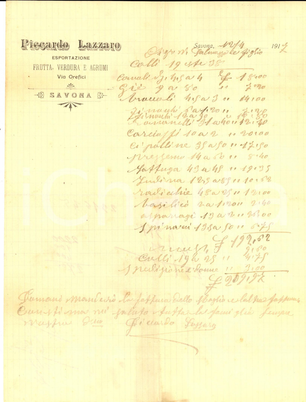 Manoscritto, lettera originale 1917 SAVONA Lazzaro PICCARDO Esportazione frutta Lettera su prezzi correnti 1