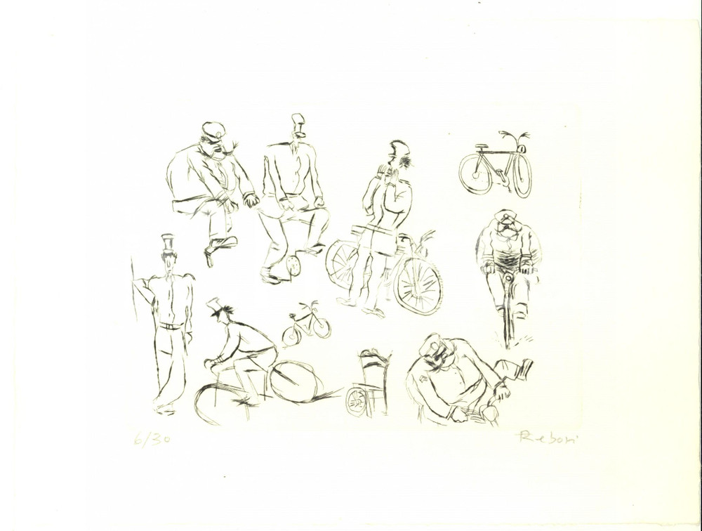 Opera d’arte autentica 1990 ca Alberto REBORI L uomo in bicicletta Incisione numerata FIRMATA 6/30 1