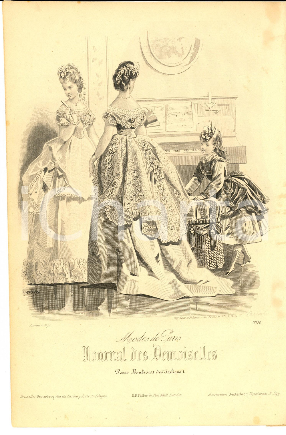 Stampa, bozzetto originale 1850 ca PARIS Journal des Demoiselles  Mode des femmes Gravure 1