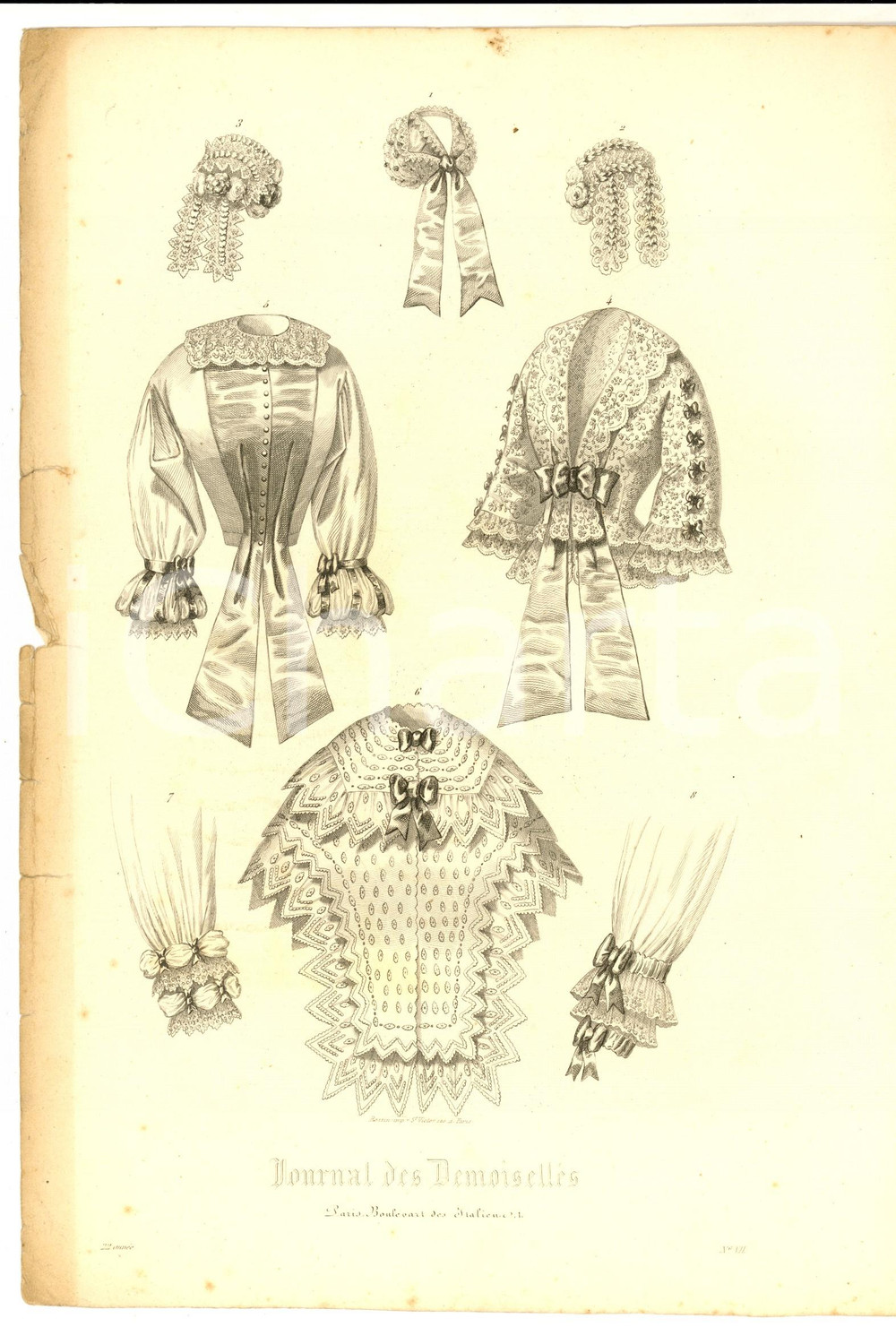 Stampa, bozzetto originale 1850 ca PARIS Journal des Demoiselles  Corpetti femminili ricamati Stampa 1