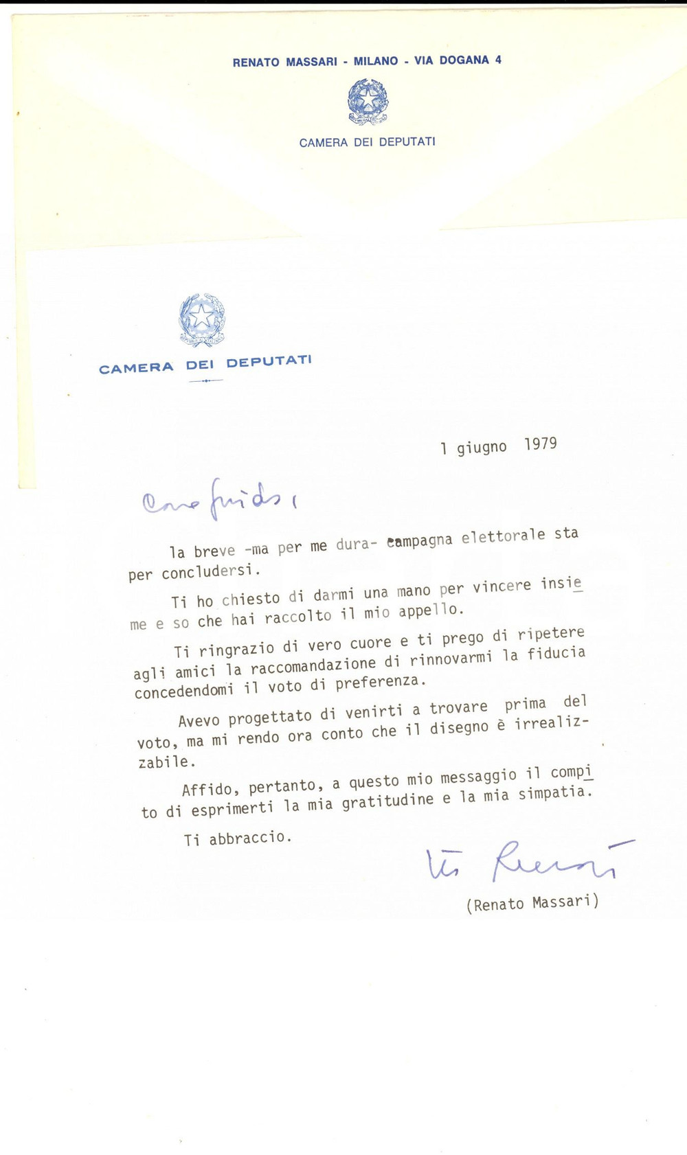 Autografo originale 1979 ROMA Lettera elettorale deputato Renato MASSARI Autografo 1