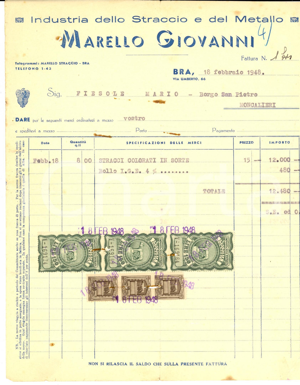 Documento originale, autentico 1948 BRA CN Giovanni MARELLO Industria dello straccio e del metallo Fattura 1