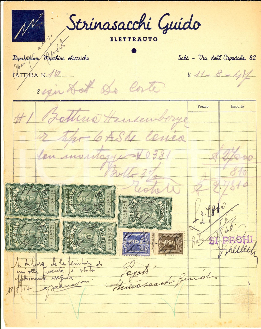 Documento originale, autentico 1947 SALO  BS Guido STRINASACCHI Elettrauto Fattura intestata per batteria 1
