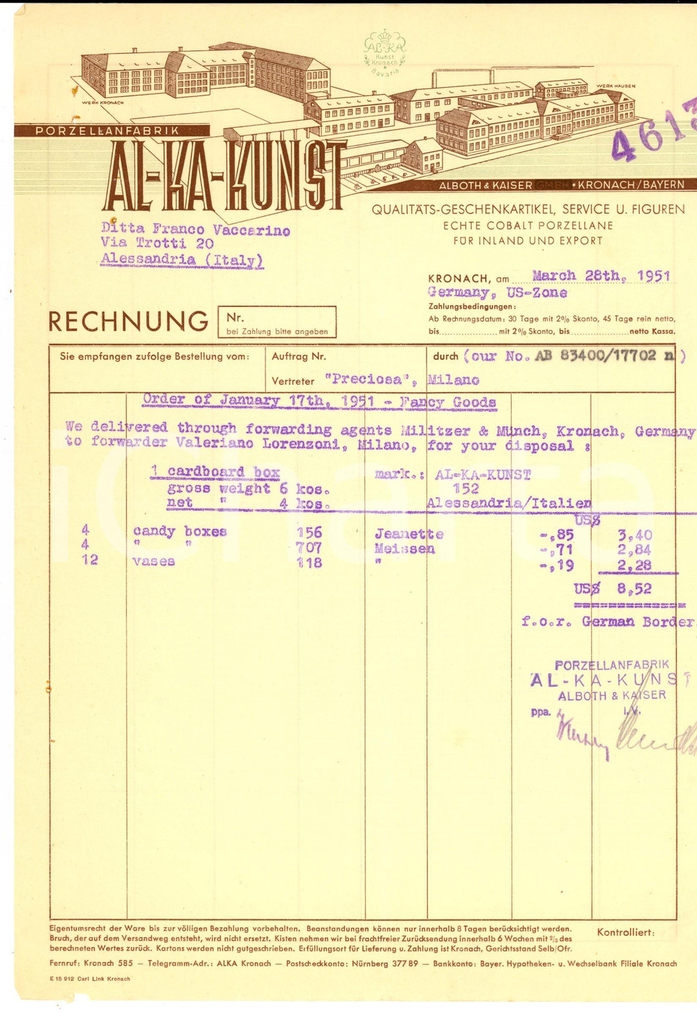 Documento originale, autentico 1951 KRONACH Porzellanfabrik ALKAKUNST Fattura intestata ILLUSTRATA 3 1
