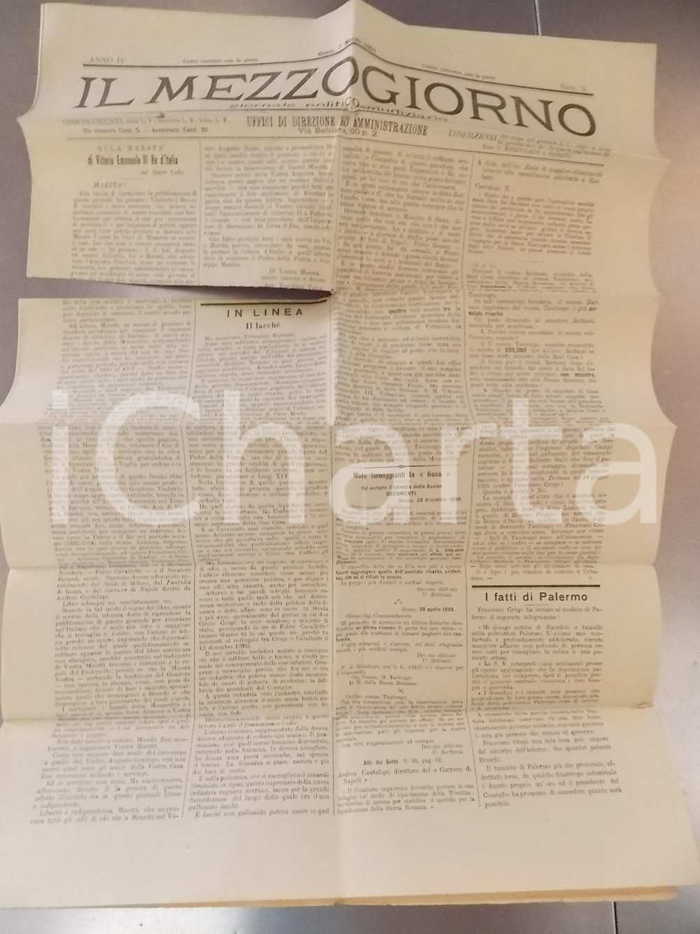 Giornale, rivista storica 1901 IL MEZZOGIORNO Urbano RATTAZZI lacchÃ¨ Giornale anno IV nÂ°4 DANNEGGIATO 1