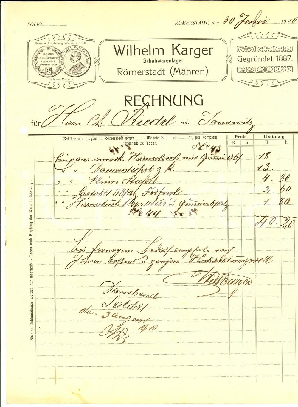 Documento originale, autentico 1910 ROMERSTADT D Wilhelm KARGER Schuhwarenlager Fattura intestata 1