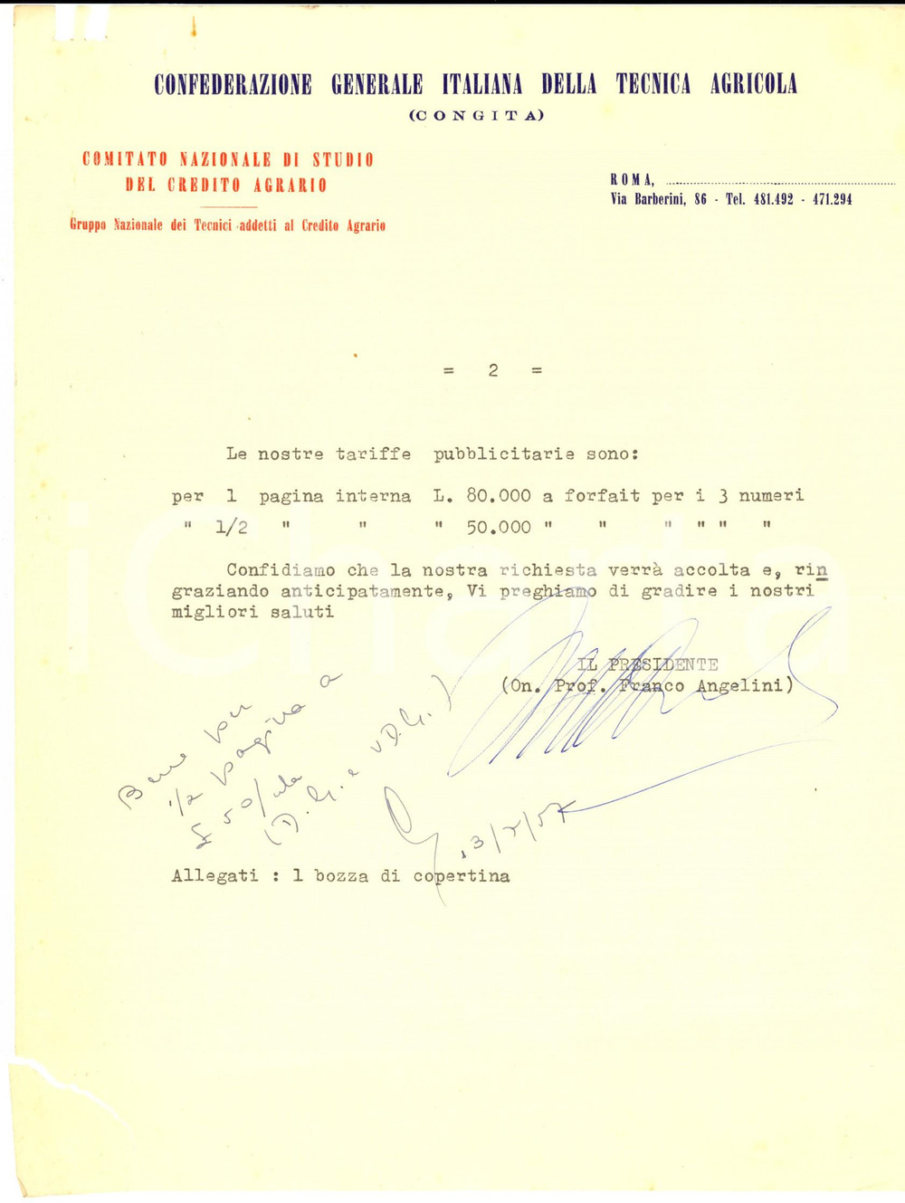 Documento originale, autentico 1957 ROMA Confederazione Generale Italiana Tecnica Agricola Lettera tariffe 1