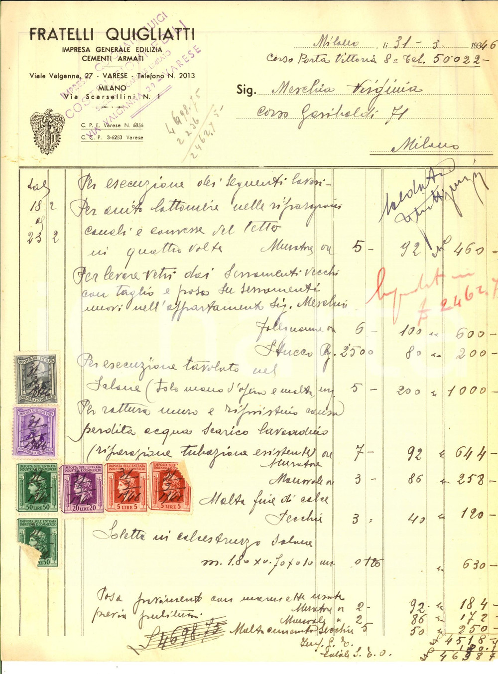 Documento originale, autentico 1934 MILANO Fratelli QUIGLIATI edilizia e cementi armati Fattura intestata 1