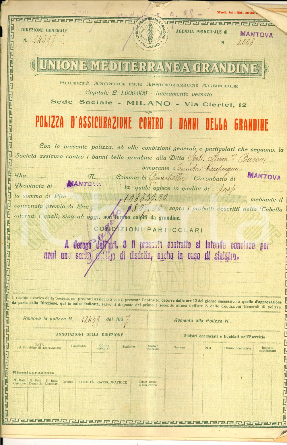 Documento originale, autentico 1928 ROVERBELLA MN UNIONE MEDITERRANEA GRANDINE Polizza assicurativa 1