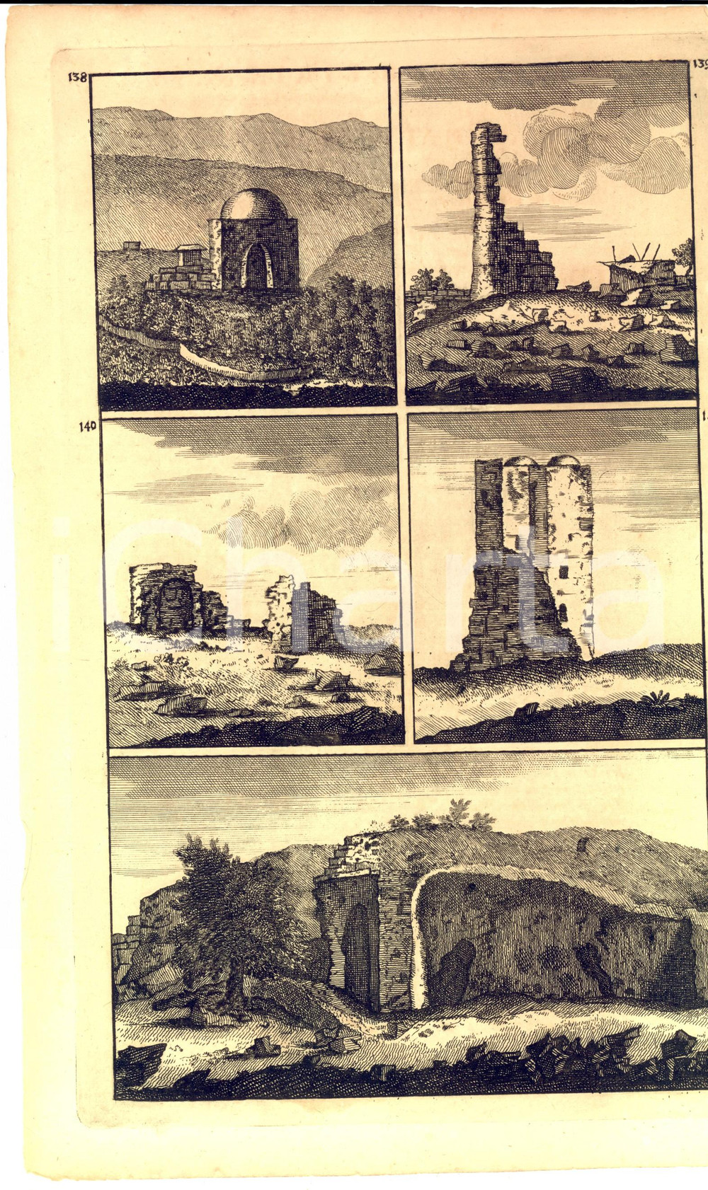 Stampa, bozzetto originale 1800 ca Cornelis de BRUIJN Porte in rovina Stampa DANNEGGIATA 1