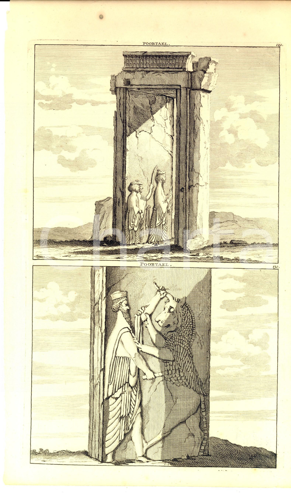 Stampa, bozzetto originale 1800 ca Cornelis de BRUIJN Poortael / Porte in rovina Stampa DANNEGGIATA 1