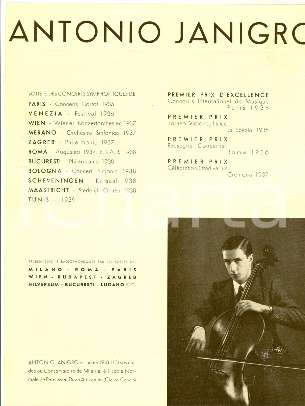 Materiale pubblicitario d’epoca 1940 ca Antonio JANIGRO musicista solista Pieghevole PUBBLICITARIO 1