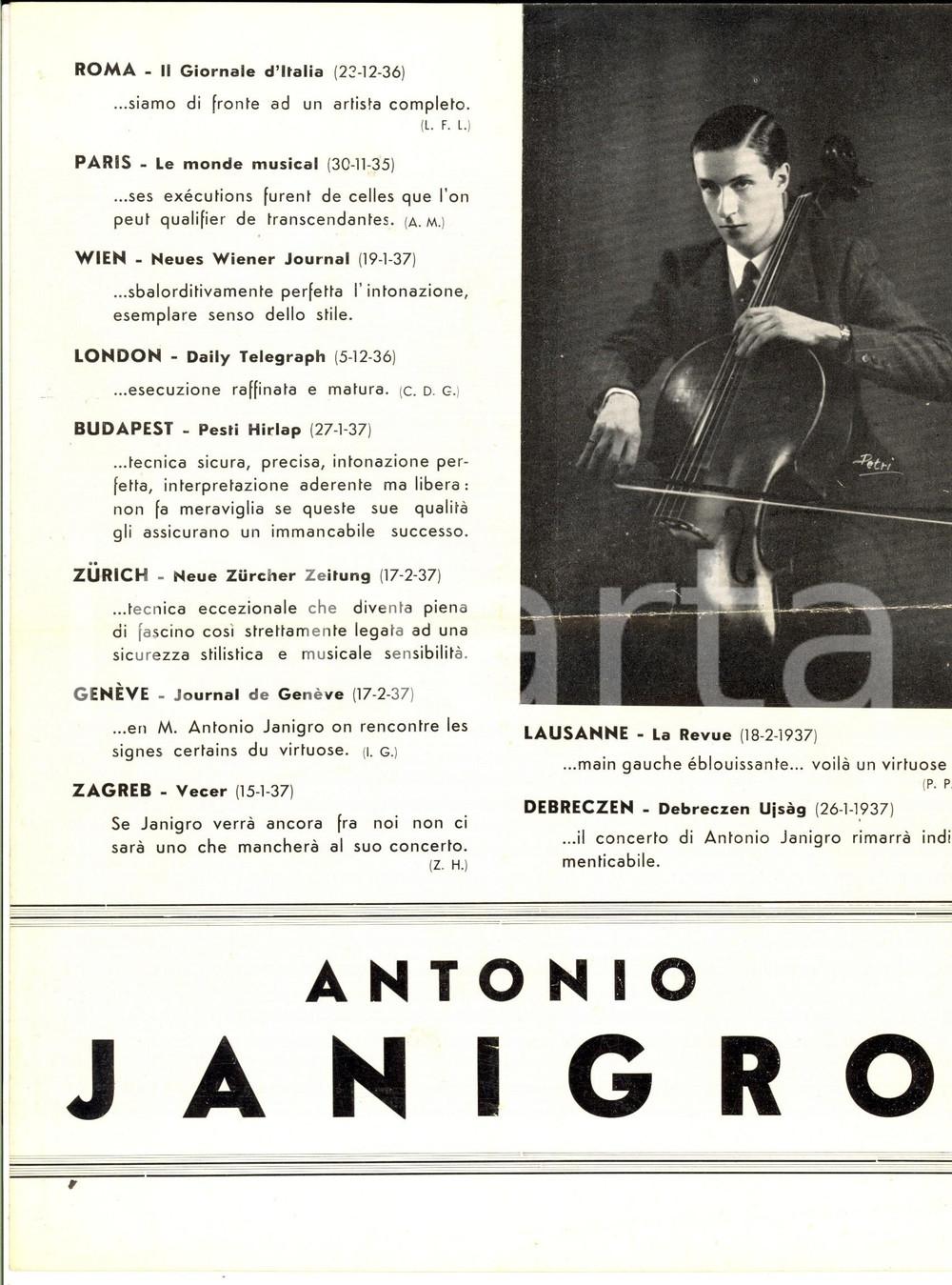 Materiale pubblicitario d’epoca 1940 ca Antonio JANIGRO musicista solista   Pieghevole PUBBLICITARIO 1