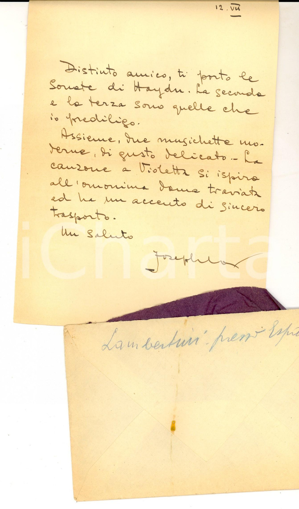 Documento originale, autentico 1939 MILANO Giuseppe LAX porta sonate di Haydn a un amico Lettera AUTOGRAFA 1