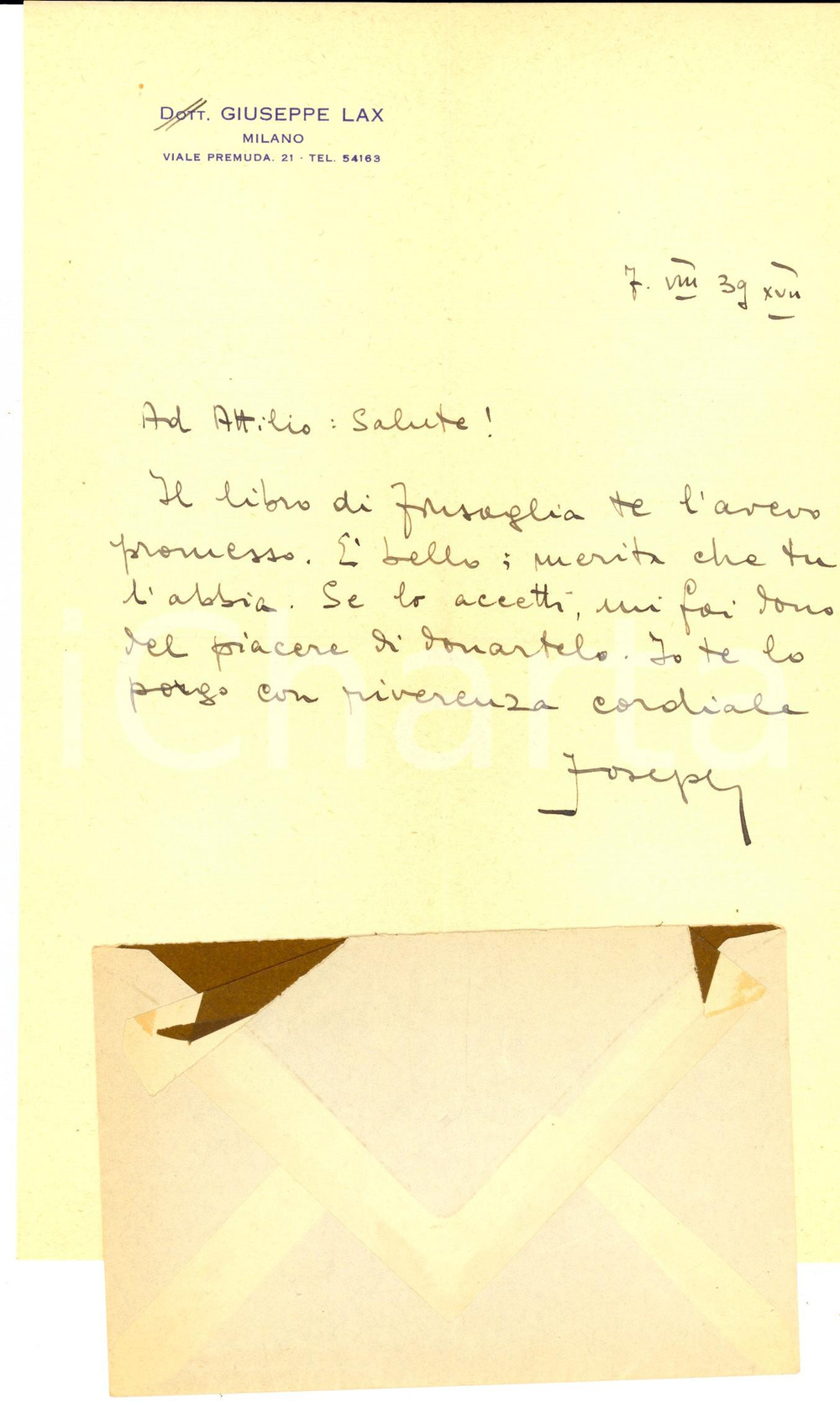 Documento originale, autentico 1939 MILANO Giuseppe LAX promette il dono di un libro Lettera AUTOGRAFA 1