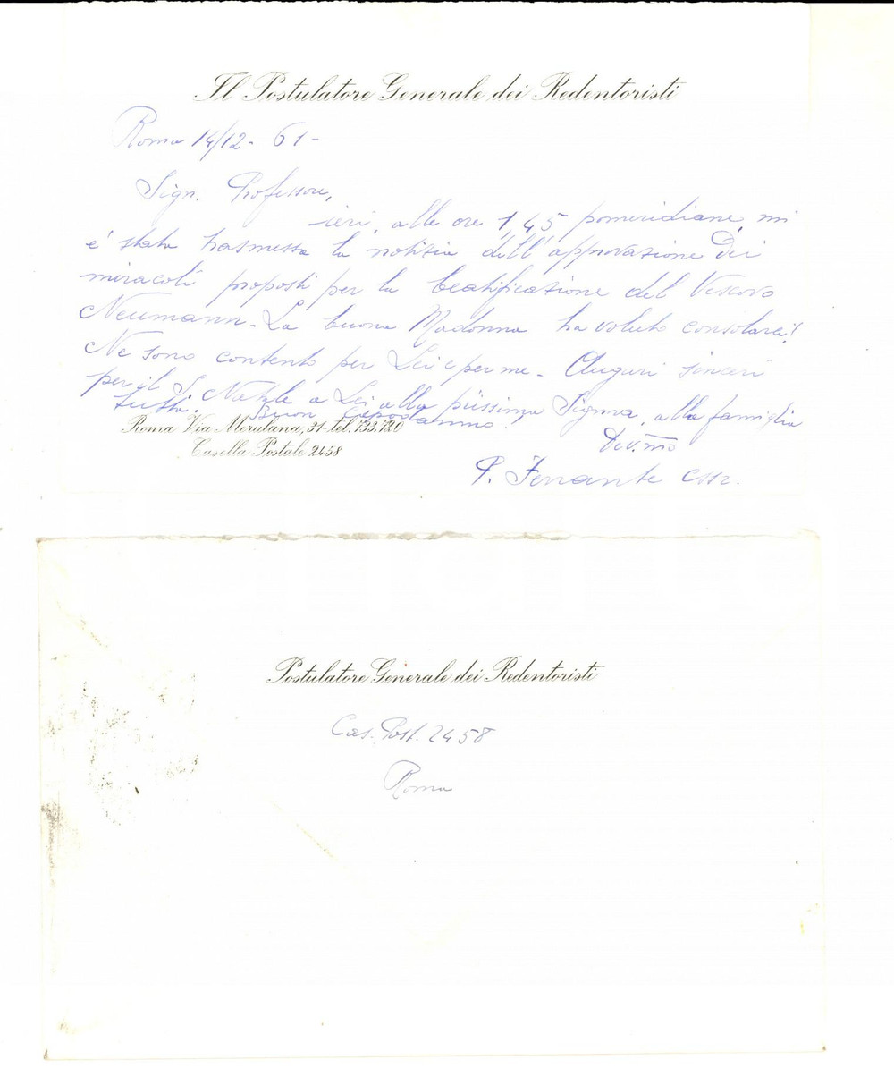 Autografo originale 1961 ROMA Padre Nicola FERRANTE rogazionista su beatificazione Giovanni NEUMANN 1