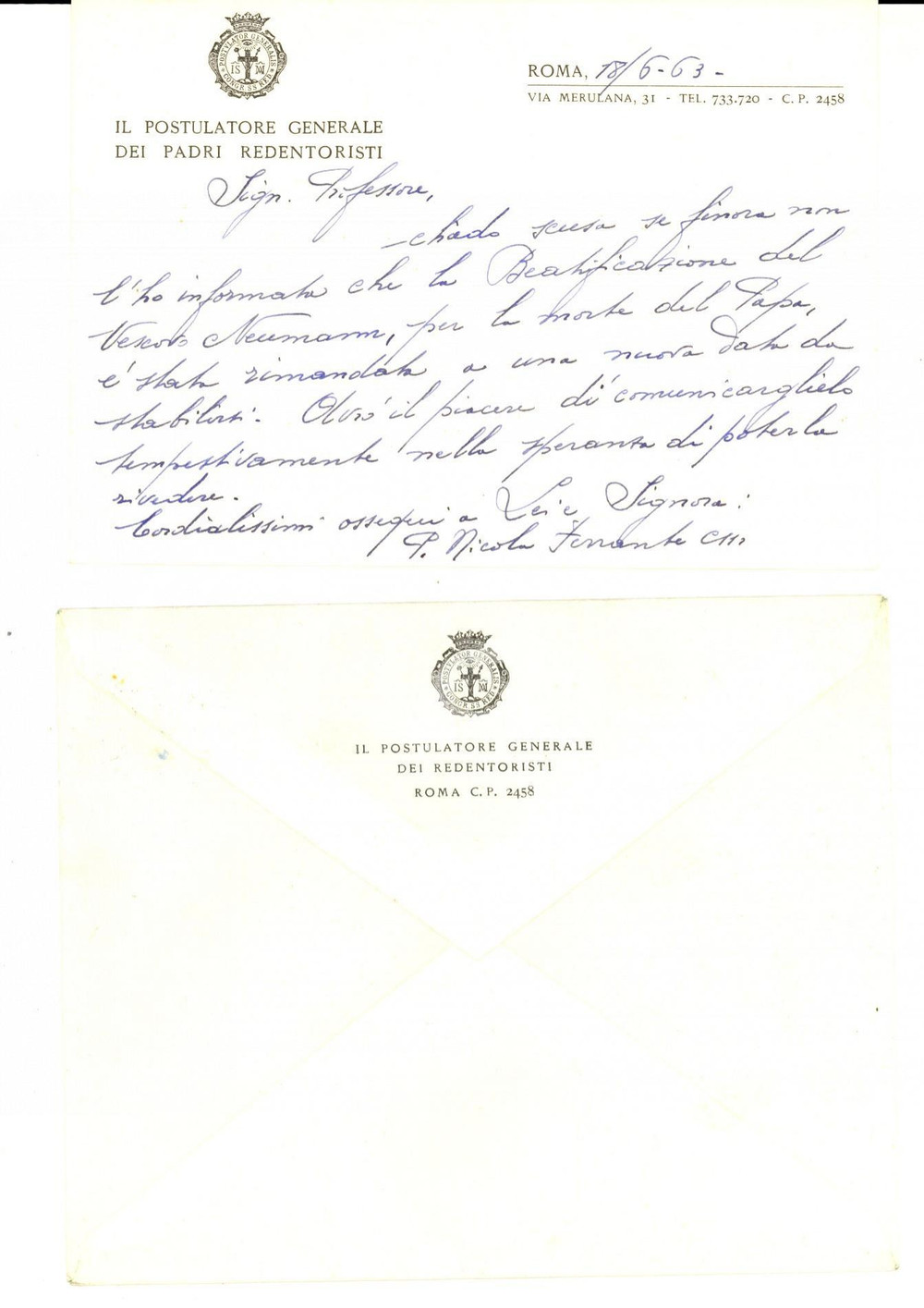 Autografo originale 1963 ROMA Beatificazione Giovanni NEUMANN rimandata per morte Giovanni XXIII 1