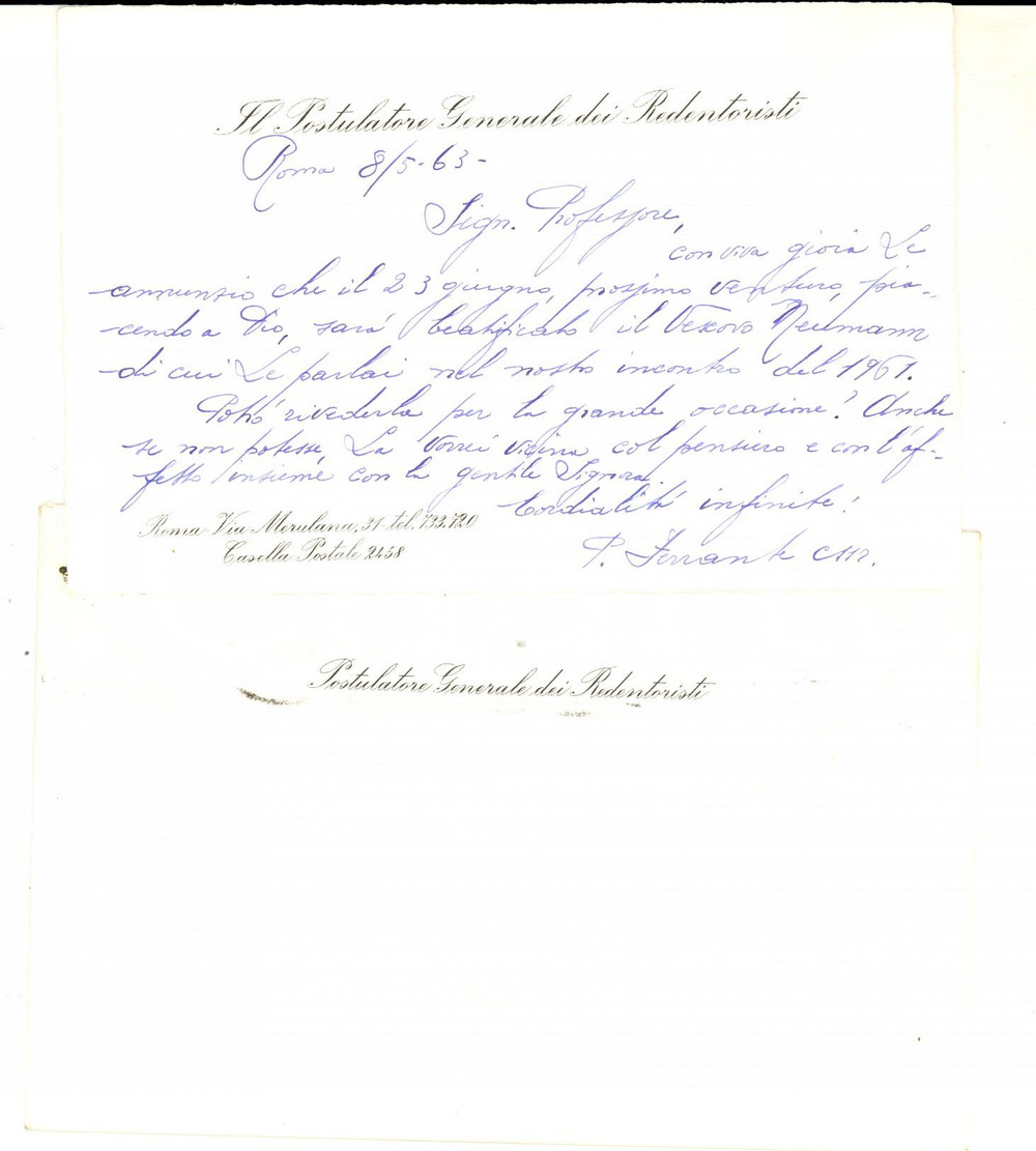 Autografo originale 1963 ROMA Padre Nicola FERRANTE annuncia beatificazione di Giovanni NEUMANN 1