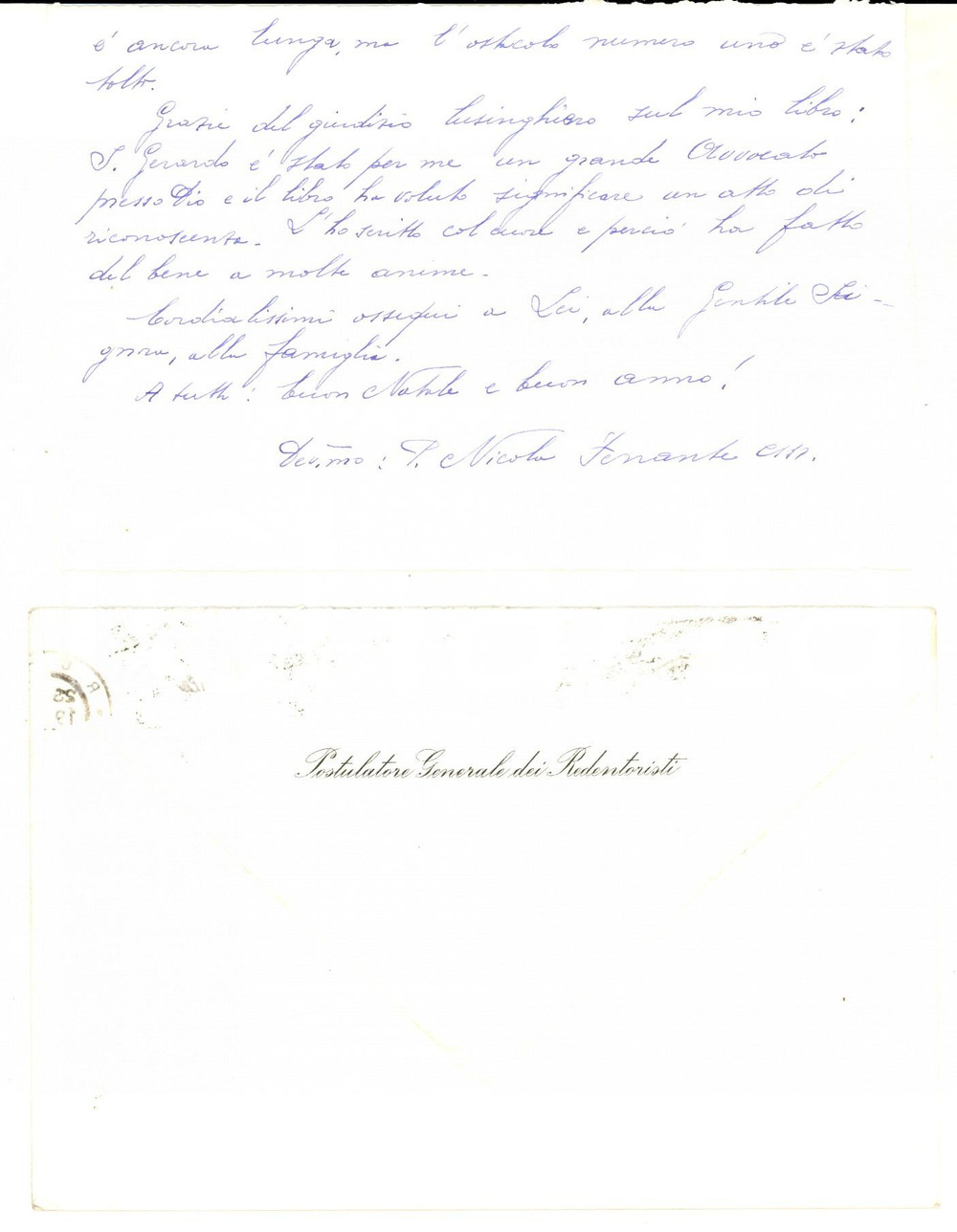 Autografo originale 1961 ROMA Padre Nicola FERRANTE spera nella beatificazione di Giovanni NEUMANN 1